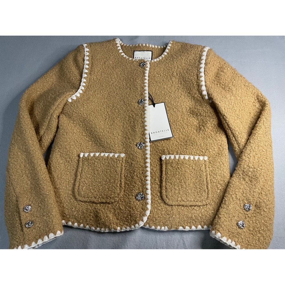 Bagatelle‎ Collection Tan Boucle Whipstitch Jacket Silver Knot Buttons 85636 XS